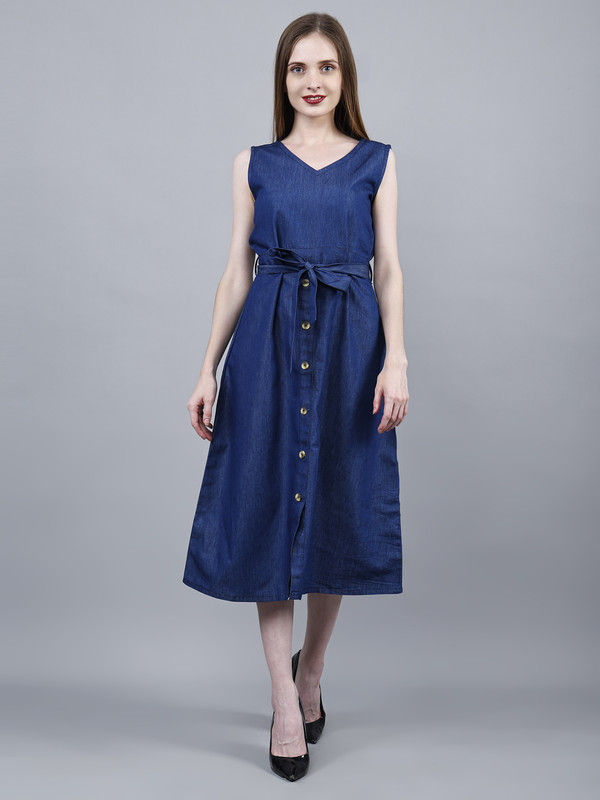 Women's Blue Denim Dress - A-Line one piece Western Skirt dress